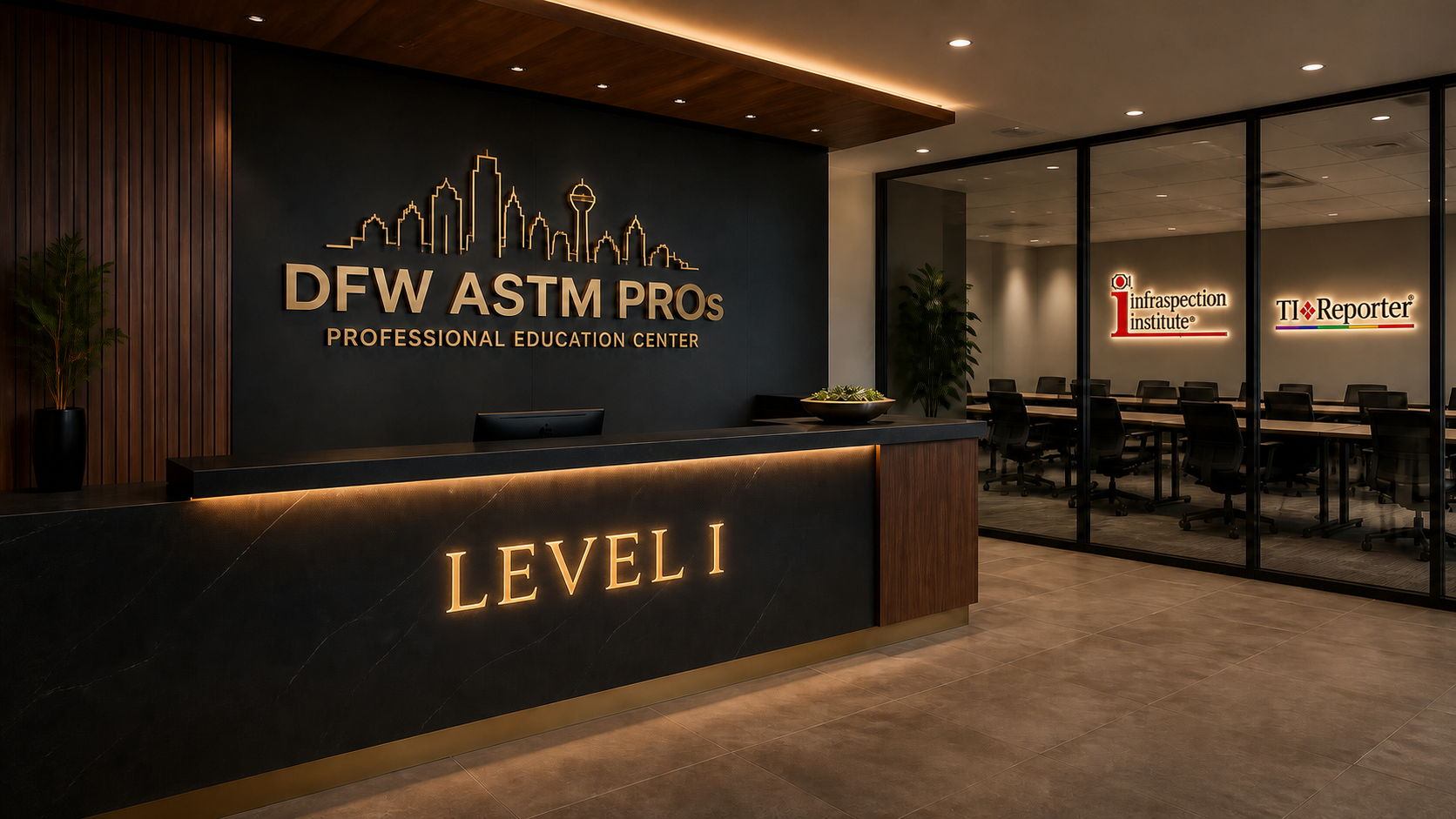 DFW ASTM Pros Level I registration lobby with Infraspection Institute and TI Reporter halo logos