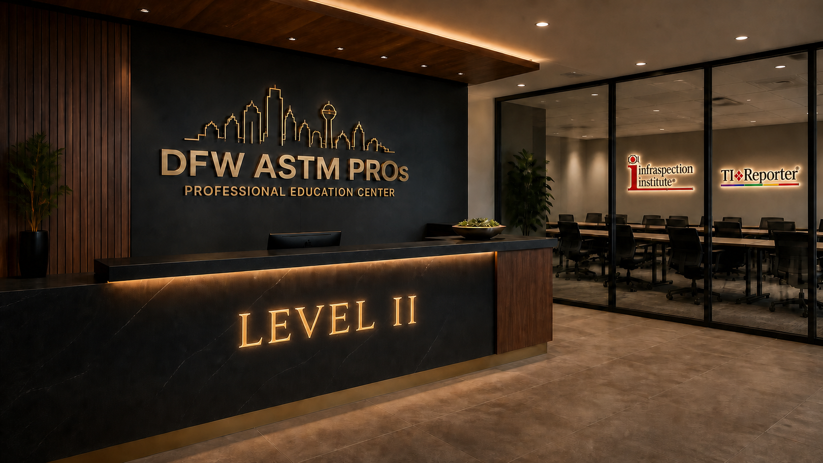 DFW ASTM Pros Level II registration lobby with Infraspection Institute and TI Reporter halo logos